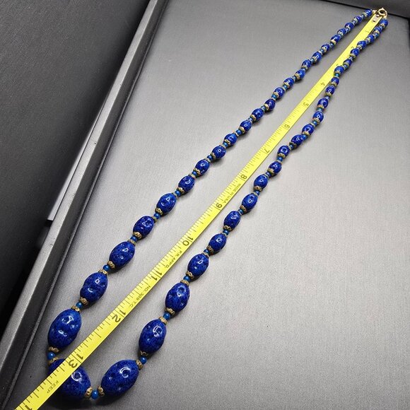VTG Czech ‘Lapis’ Art Glass Necklace 26" Graduated Nugget Beads Brass Caps 1950s - Picture 7 of 12